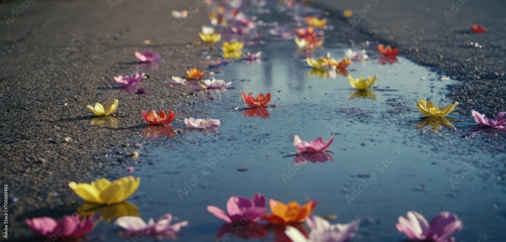 a bunch of flowers that are laying on the ground in the water on the side of the road in the rain. a bunch of flowers that are laying on the ground in the water on the side of the road in the rain.