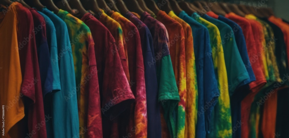  a rack of tie - dyed shirts hanging on a rack in front of a wall of other colored t - shirts.