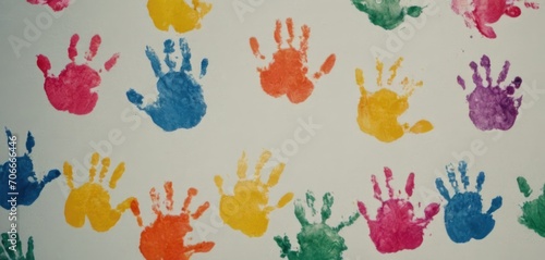  a group of children s handprints of different colors of handprints on a white sheet of paper.