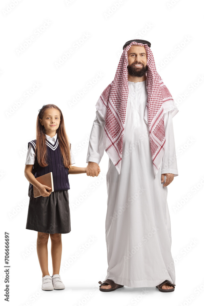 Full length portrait of a man in saudi arab traditional clothes and a schoolgirl