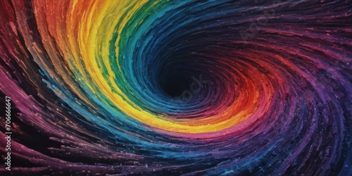  a close up of a multicolored swirl in the center of a rainbow - hued, black background.
