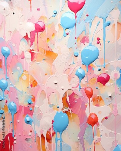 Captivating beige background with colorful bright textured drops, strokes and splashes acrylic paint, artistic and creative composition