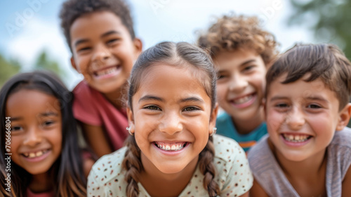 An uplifting portrait featuring a multicultural group of children, radiating joy and happiness while enjoying outdoor fun and activities together.Diversity Conecpt