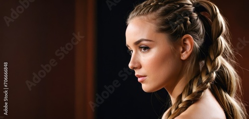  a woman with a fishtail braid in her hair looking off into the distance with a serious look on her face.