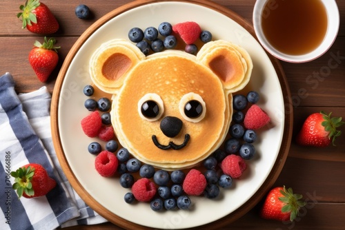 Kid's breakfast, featuring bear-shaped pancakes adorned with blueberries, raspberries and banana slices on wooden background