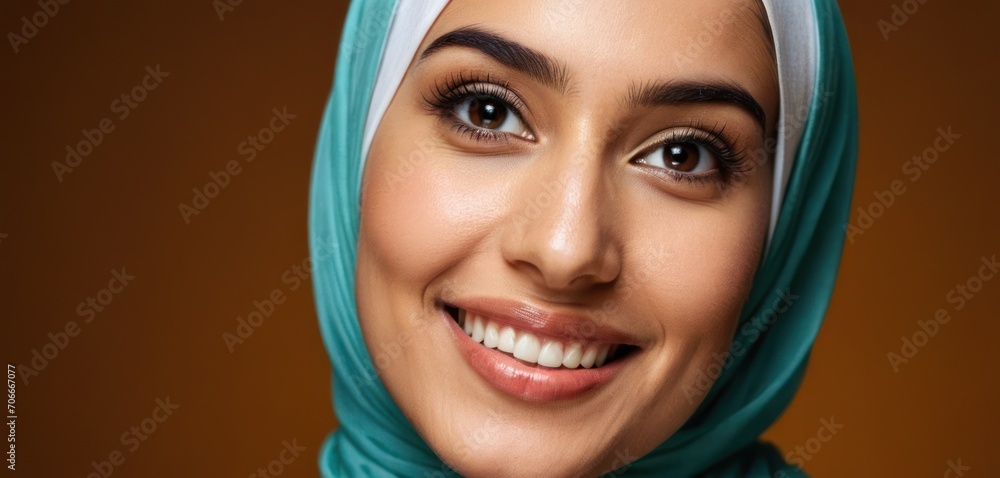 a close up of a woman wearing a headscarf and wearing a headscarf with a smile on her face. a close up of a woman wearing a headscarf and wearing a headscarf with a smile on her face.