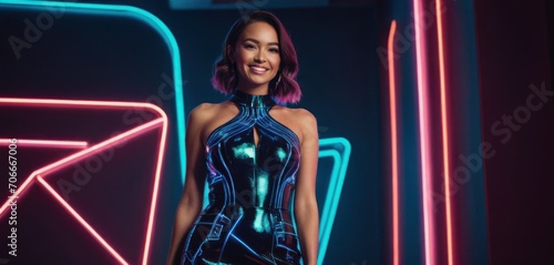  a woman in a futuristic dress standing in a room with neon lights on the walls and behind her she is smiling at the camera.