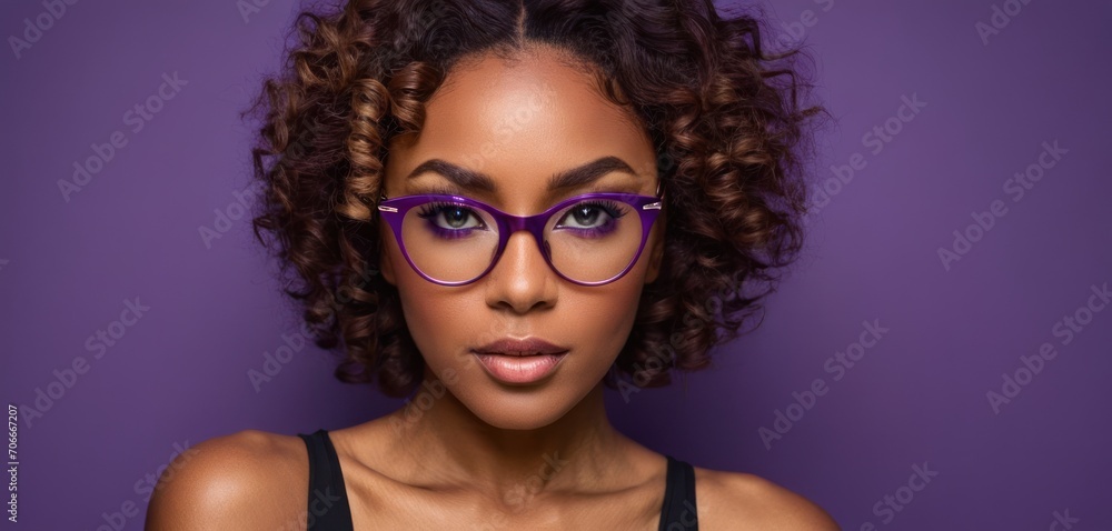 a close up of a person wearing a pair of purple eyeglasses and a black tank top against a purple background. a close up of a person wearing a pair of purple eyeglasses and a black tank top against a purple background.