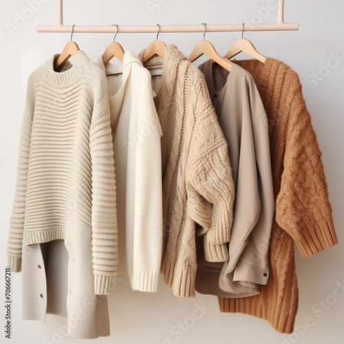 Women's clothes capsule wardrobe in pastel colors. Knitted jumpers and cardigans for spring autumn season on hanger in store against light wall