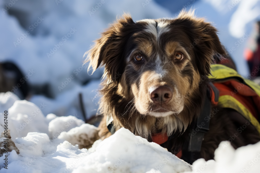 Close up portrait rescuer dog searches the snowy terrain mountain for missing individuals after an avalanche