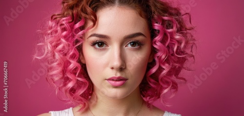  a close up of a woman with pink hair and a necklace on her necklace is looking at the camera with a serious look on her face.
