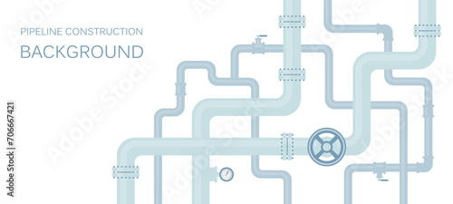 Industrial background with  pipeline. Oil, water or gas pipeline with fittings and valves.