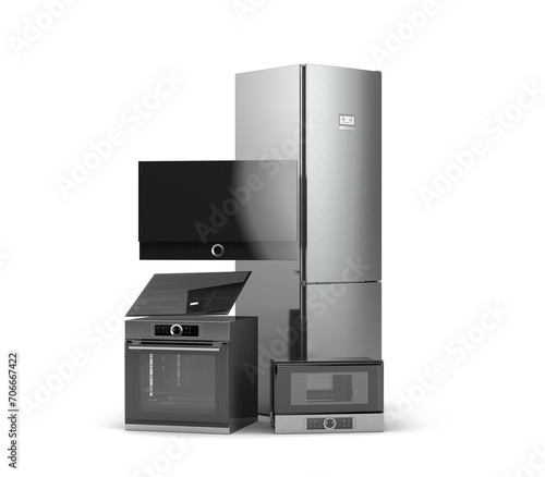 Modern close built in kitchen appliances set 3d render on white