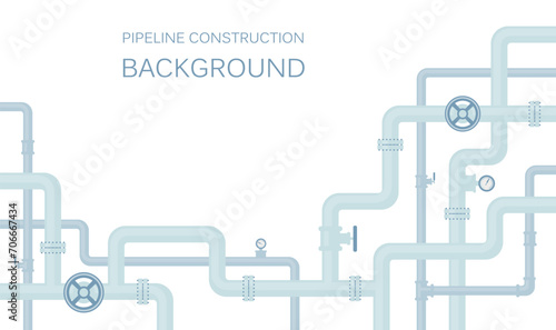 Industrial background with pipeline. Oil, water or gas pipeline with fittings and valves. Pipelines and pumps.  Energy resources. Fuel products industry. 