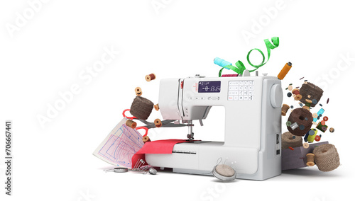 New sewing machine and accessories 3d render on white background