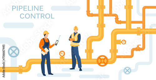 Oil gas workers. Petroleum pipeline engineers. Pipelines and pumps.  Energy resources. Fuel products industry. Petrol production workers