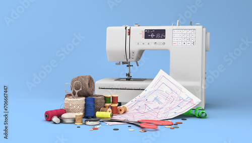 New sewing machine and accessories 3d render on blue