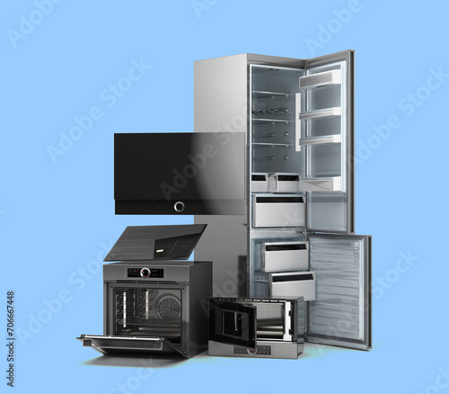 Modern open built in kitchen appliances set 3d render on blue