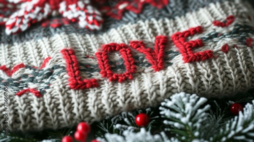 Knitted Christmas and New Year wool pattern with word Love. Christmas joys with knitted ornaments. Close-up of Sweater Design. © Vladimir