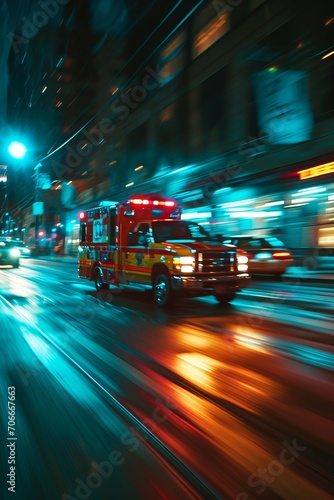 Blurred Fire Truck in Night City