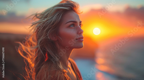 An enchanting moment captured as a mature woman with windswept hair gazes towards the horizon, standing on a cliff overlooking a rugged and dramatic seashore during golden hour. © Наталья Евтехова
