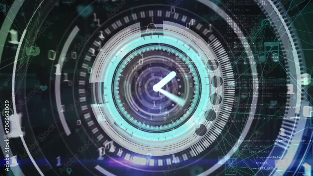 Animation of moving clock with scope scanning over connections on black background Animation of moving clock with scope scanning over connections on black background