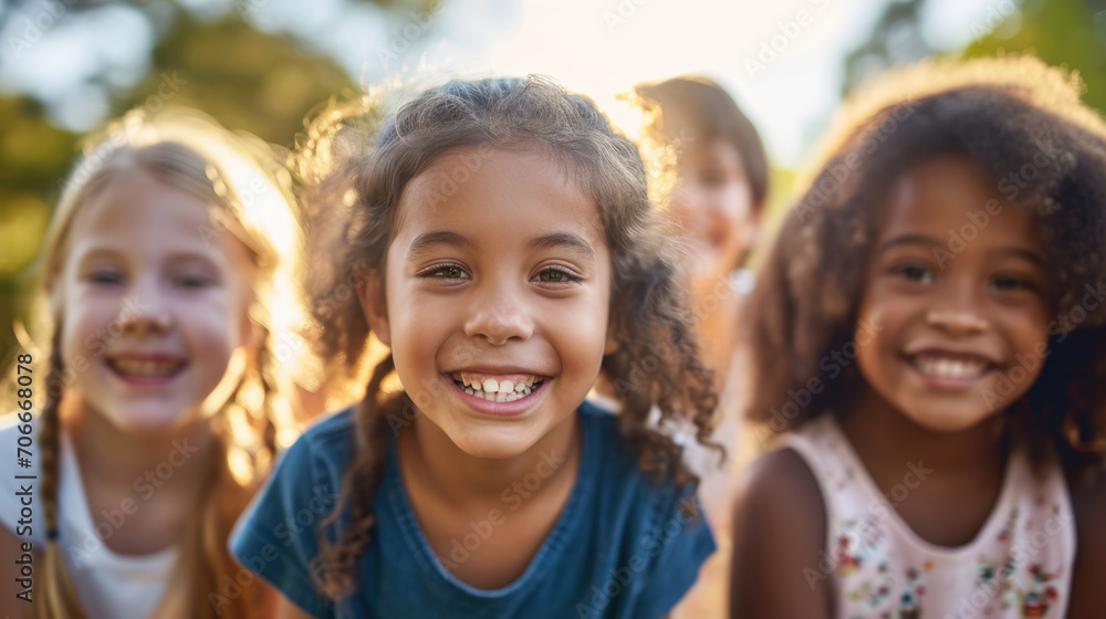 An uplifting portrait featuring a multicultural group of children, radiating joy and happiness while enjoying outdoor fun and activities together.Diversity Conecpt An uplifting portrait featuring a multicultural group of children, radiating joy and happiness while enjoying outdoor fun and activities together.Diversity Conecpt