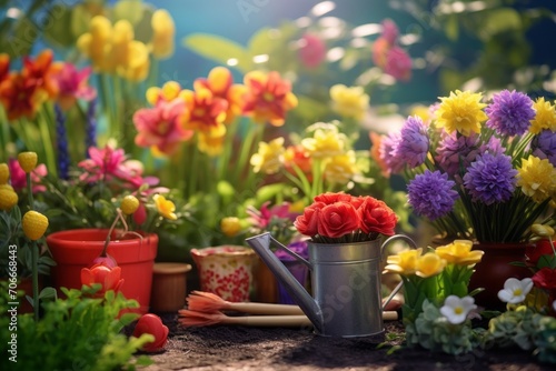 Beautiful colorful variety of spring and summer flowers in pots and a watering can on the patio