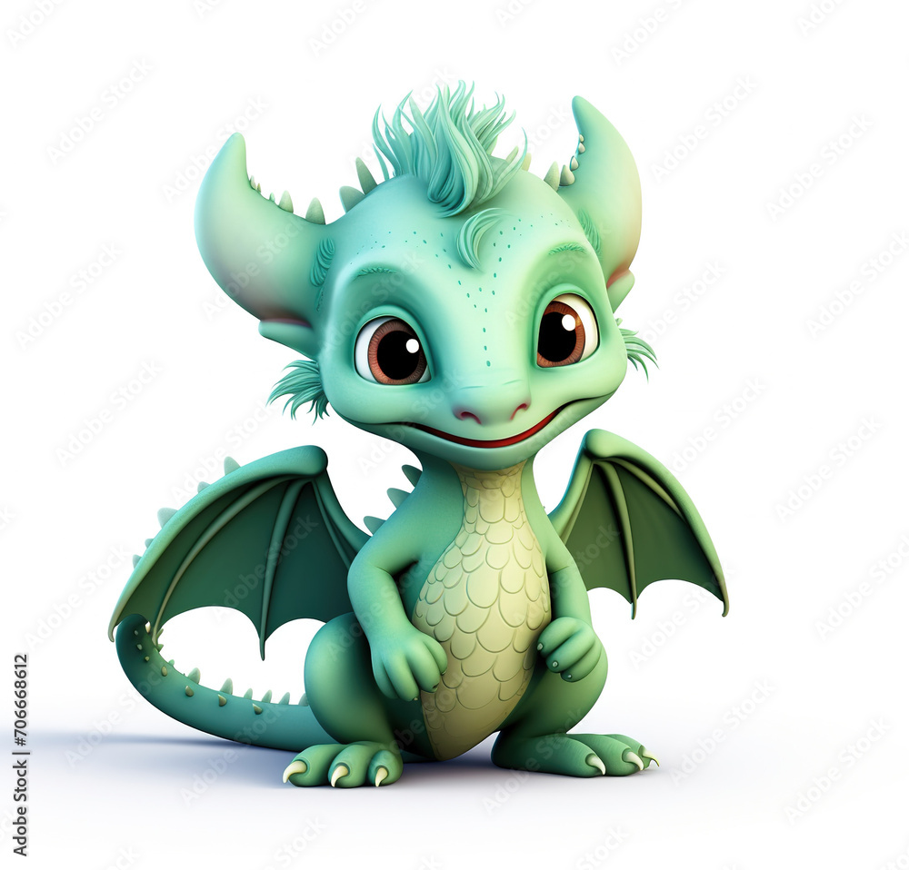 green dragon cute baby , cartoon character, isolated on white