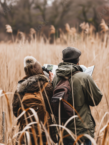 A Photo of a Couple Birdwatching in a Local Nature Reserve With Binoculars and a Bird Guidebook photo