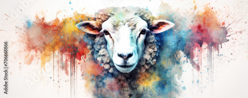 Watercolor sheep head animal photo on white background. photo