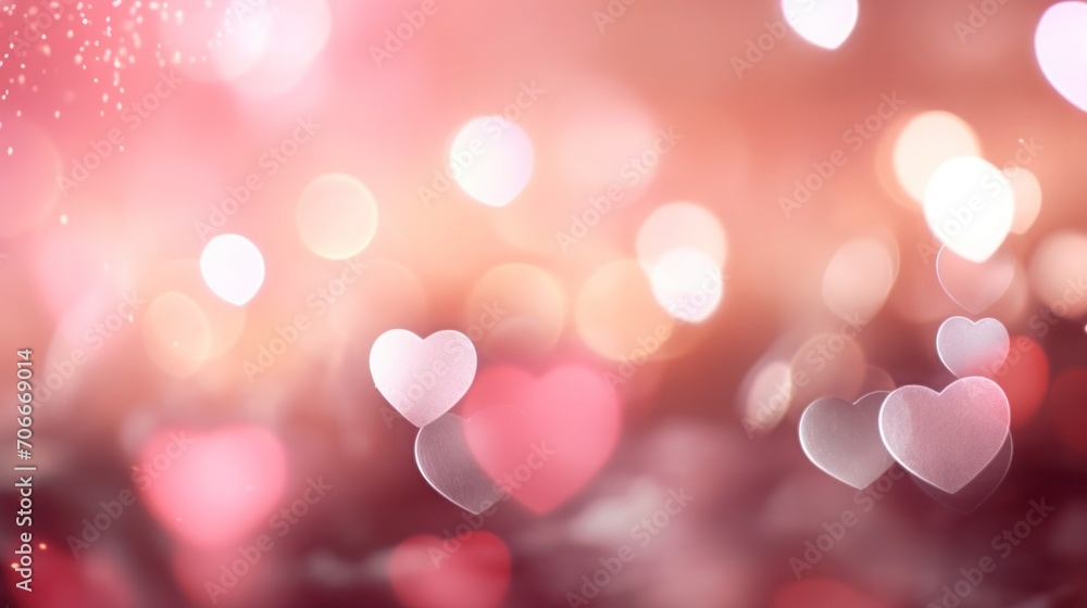Hearts and bokeh lights on peach and pink background, dreamy and romantic atmosphere for Valentine's Day