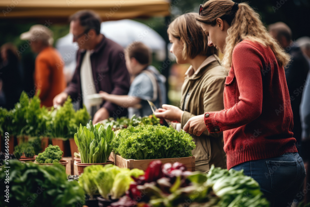 People selecting vegetables at a farmer's market.