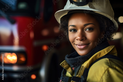 A cheerful female firefighter with a helmet.