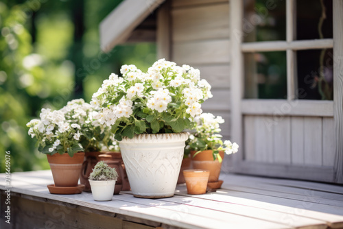 White potted flowers on a wooden porch. © SERHII