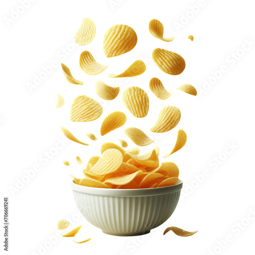  potato chips in the air falling or flying on a transparent background PNG photo