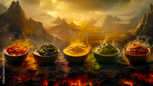 five hot sauces in a hellish environment, commercial advertising, generative AI photo