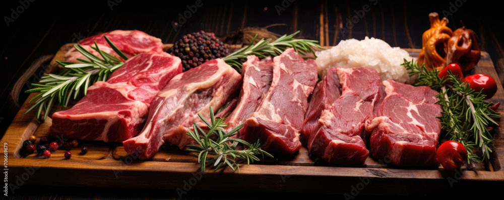 Lamb meat chops on wooden tray with green herbs and spices.
