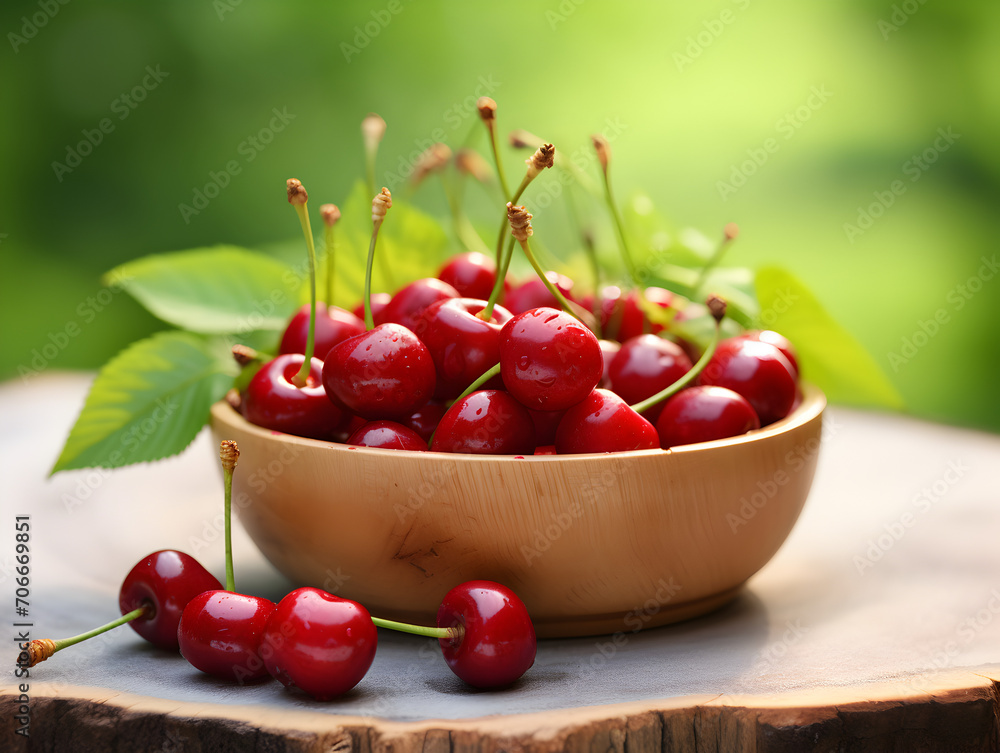 Fresh red cherries in a wooden bowl on wooden table, green blurry outdoor background Fresh red cherries in a wooden bowl on wooden table, green blurry outdoor background