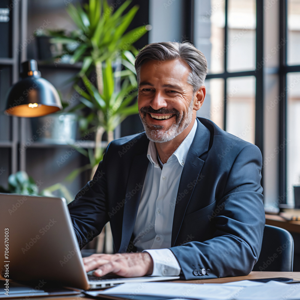 Executive Focus: Gray-Haired Businessman Engaged in Work, Seated Before His Laptop - A Portrait of Professional Acumen and Business Dedication - Generative AI Executive Focus: Gray-Haired Businessman Engaged in Work, Seated Before His Laptop - A Portrait of Professional Acumen and Business Dedication - Generative AI