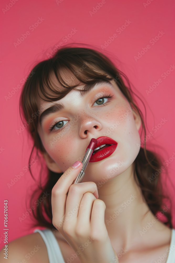 Young woman put on lipstick uses professional cosmetics, getting ready for date Young woman put on lipstick uses professional cosmetics, getting ready for date