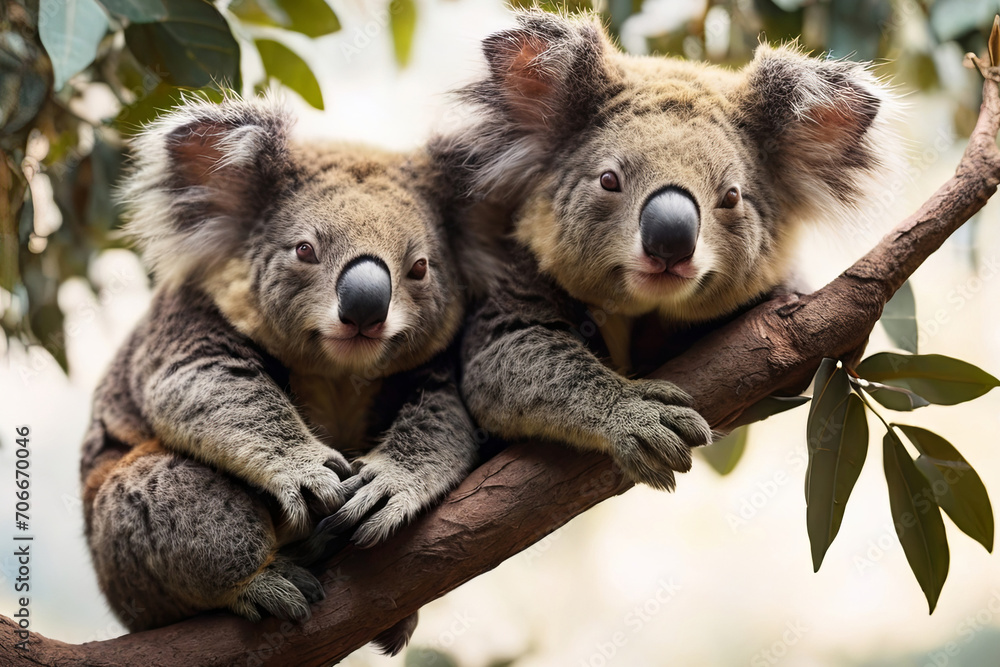 Obraz premium Sleeping koalas in trees. World Sleeping Day concept captured in a serene image. Ideal for relaxation and wildlife appreciation.