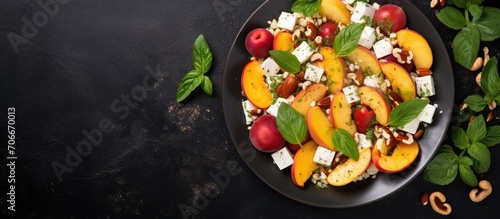 Top view of a salad with grilled stone fruit, feta cheese, basil, and peanuts. Copy space available.