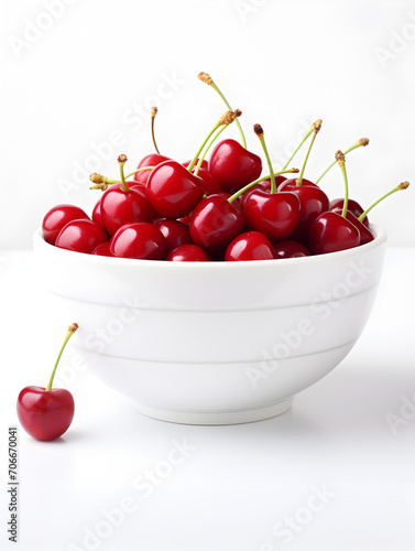 Close up of fresh red cherries tin a white bowl on white background 