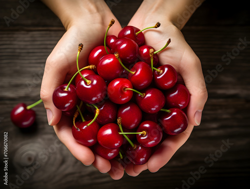 Top view of hand holding fresh red cherries, blurry background  © TatjanaMeininger