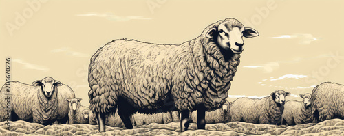 Sheep in engrve shape or black ink drawn on white paper or background.
