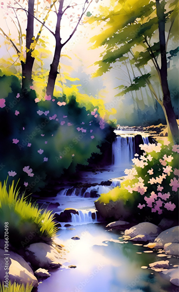 Watercolor painting of a spring stream among flowers and blooming trees.