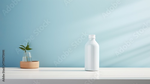 a white supplement bottle against a clean, neutral, very light color background, with a light blue color product setting, using natural sunlight to enhance the pharmaceutical aesthetic.