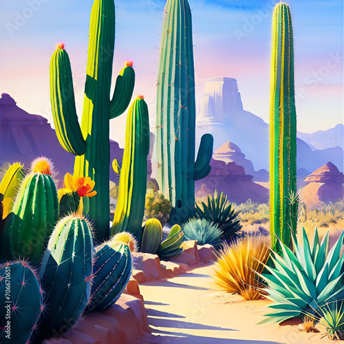 Watercolor painting of a desert landscape with cacti.