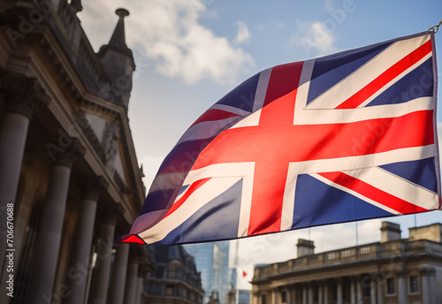 City of London flag background. London Big Ben, Elizabeth tower in England and flag of Great Britain, United Kingdom. Flag of England and the United Kingdom, UK. Great Clock and Union Jack of England